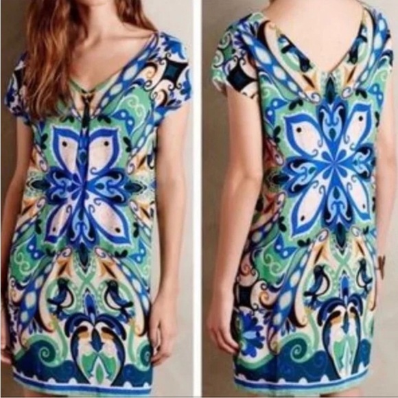 Anthropologie MAEVE Folksong Mini Dress Blue Green Bird Shift Sleeveless Small - Picture 1 of 8